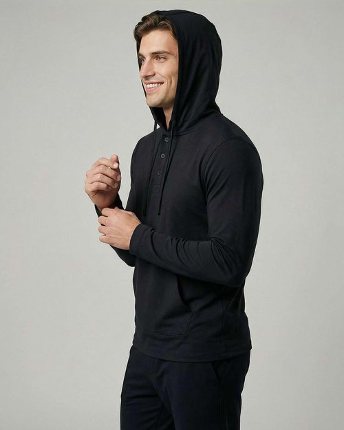 Real Essentials 3 Pack: Men's Cotton Henley Pullover Hoodie Lightweight Casual Long Sleeve Hooded Sweatshirt- Set 2, L