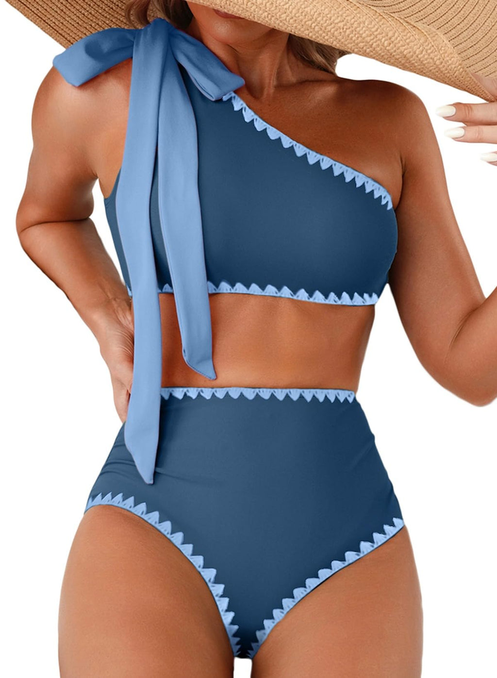 Herseas High Waisted Bikini Sets 2 Piece Swim Suits for Women One Shoulder Tie Swimsuit Wire Free Crocheted Trim Bathing Suit Blue Beach Vacation Essentails Medium