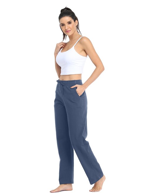 Willit Women's Cotton Sweatpants Yoga Lounge Open Bottom Sports Pants Straight Leg Casual Pants with Pockets Dusty Blue L
