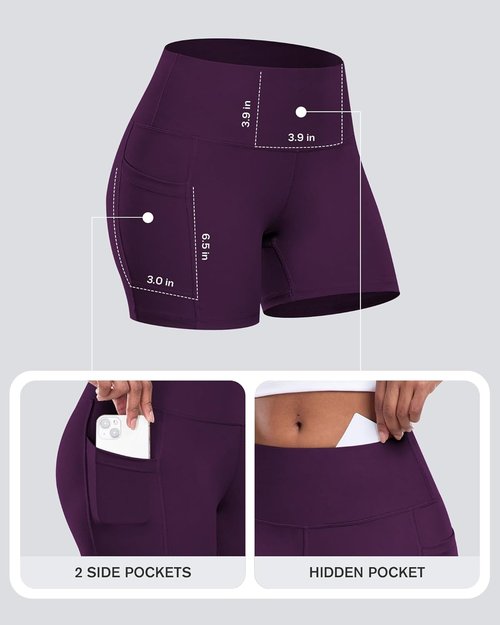 CHRLEISURE Women's Biker Yoga Shorts - High Waisted Tummy Control, 5-Inch Workout Spandex, Pocket Included