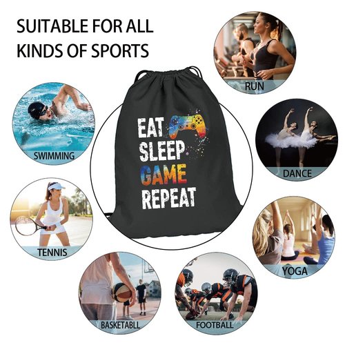 Pishovi Eat Sleep Game Repeat Drawstring Waterproof Backpack, Sports Bag for Men & Women, Player Gifts for Game Lovers
