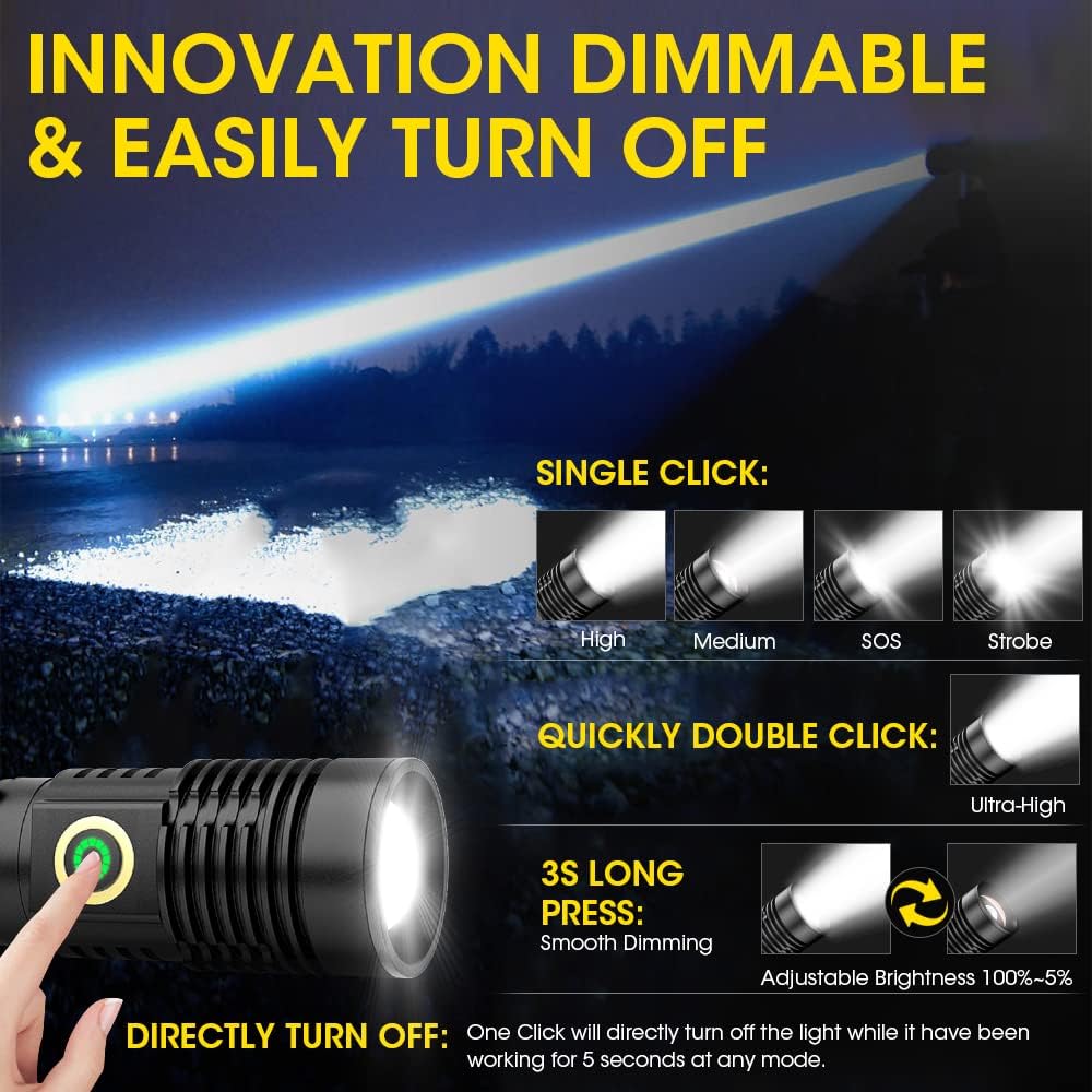 Skiennix Rechargeable Flashlight - High Lumens Super Bright LED | Long-Range Zoomable, Waterproof, 2-Pack