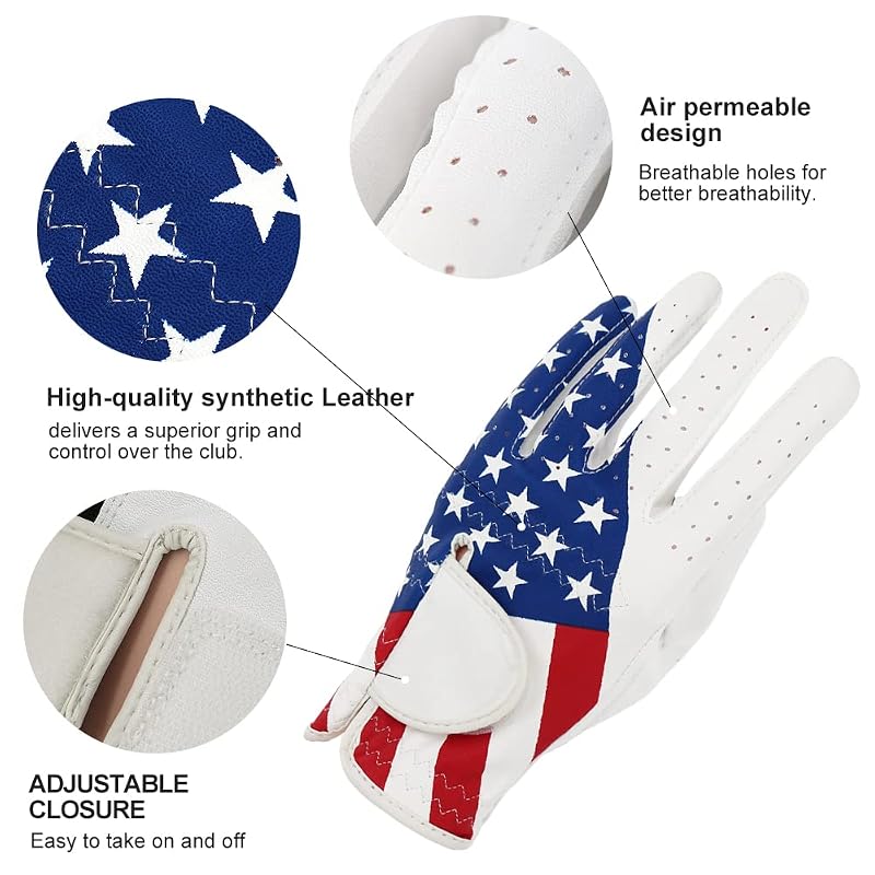 Golf Gloves for Men and Women Left Hand for Right-Handed Golfers – American Flag Pattern, Synthetic Leather, Lycra, Adjustable Closure | Medium+Men