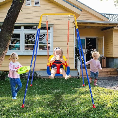 FCOUMY 3-in-1 Toddler Swing Set Blue Yellow - Indoor & Outdoor Baby Swing with Safety Belt, Foldable Metal Frame, Easy Assembly