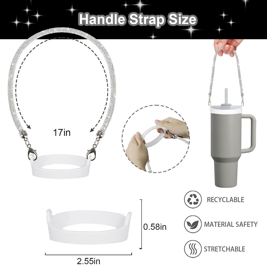 VirgoCCY 5PCS Stanley Cup Accessories Set 30&40 Oz, Includes 1 Diamond Silicone Boot, 1 Glitter Handle Strap, 1 Straw Covers,1 Straw Adapters Charm Blank with 1 Glitter Charms, Silver