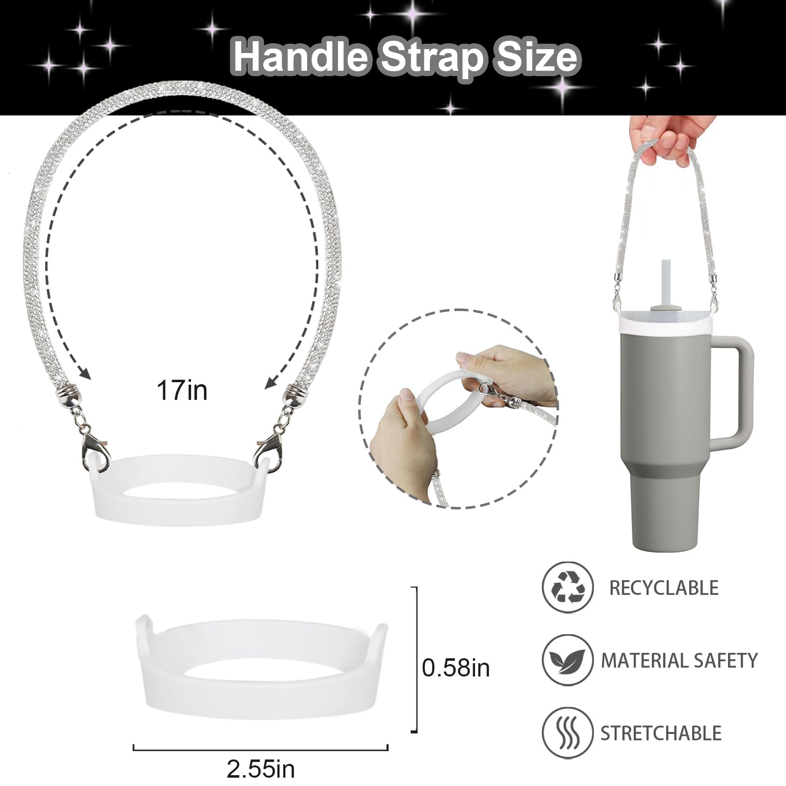 VirgoCCY 5PCS Stanley Cup Accessories Set 30&40 Oz, Includes 1 Diamond Silicone Boot, 1 Glitter Handle Strap, 1 Straw Covers,1 Straw Adapters Charm Blank with 1 Glitter Charms, Silver