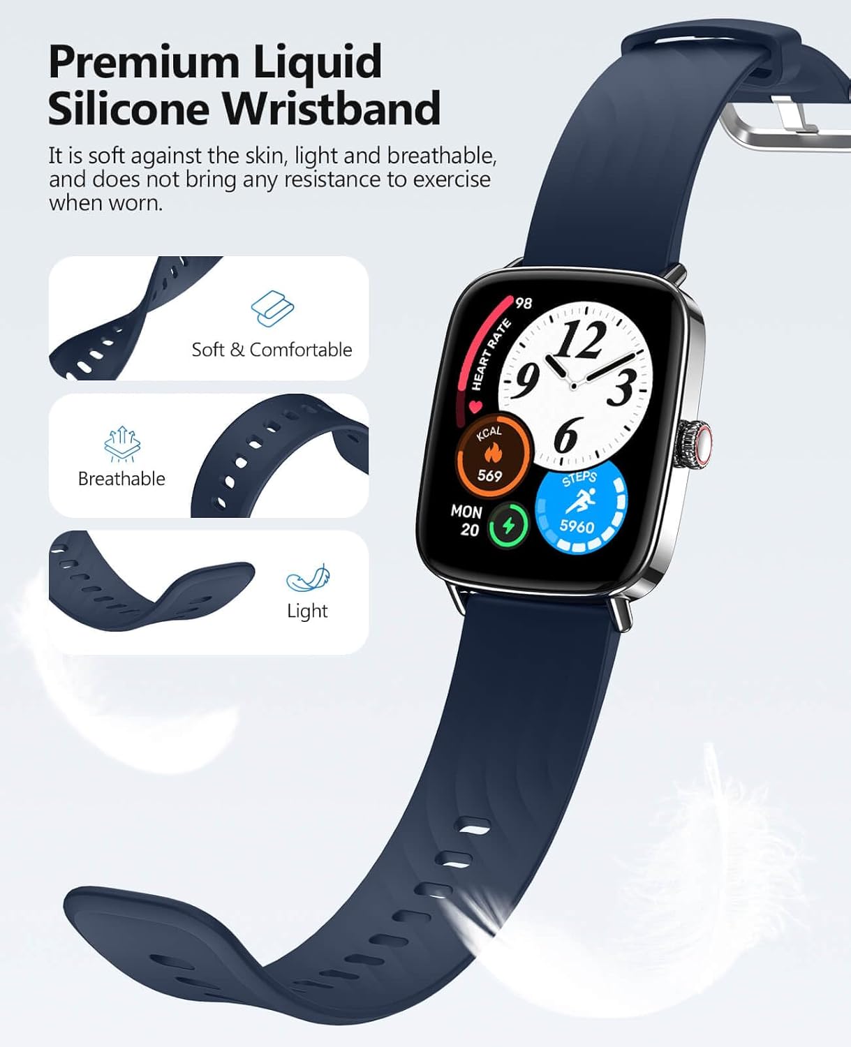 SOUYIE Smartwatch - 1.85" AI Voice Tracker with 24/7 Heart Rate Monitor & IP68 Waterproof | Blue