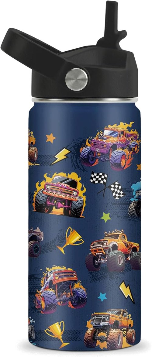 Monster Truck Water Bottle - 16oz Stainless Steel Insulated Cup with Straw | Fun Design for Kids