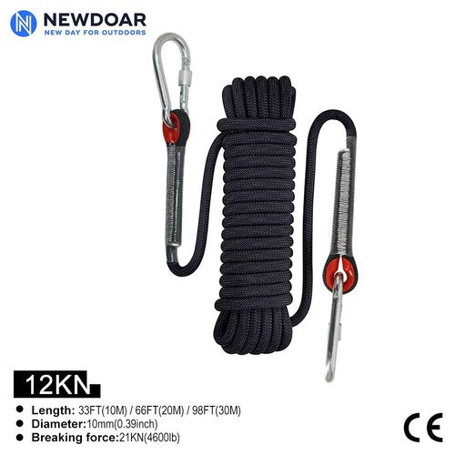 NewDoar CE Certified Right Hand Ascender 10mm Static Climbing Rope (Black/33ft/10M) Climbing Equipment Fire Rescue Rope