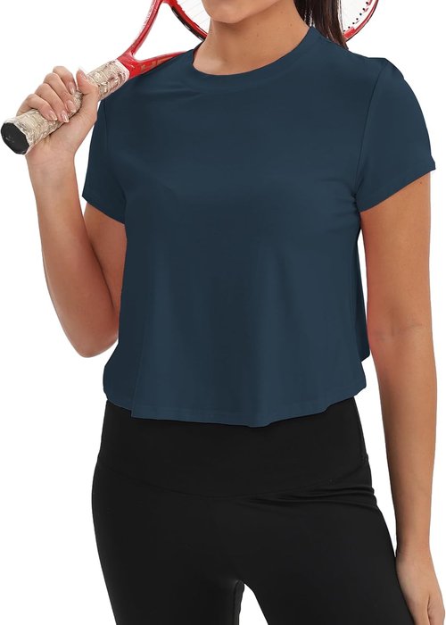 Mippo Workout Tops for Women - Short Sleeve Yoga Shirts | Loose Fit Athletic Crop Top