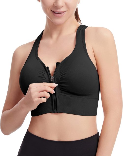 Fapreit Women's Sports Bra - Seamless Wire-Free Zip Front Closure for Post-Surgery Comfort | Padded Racerback