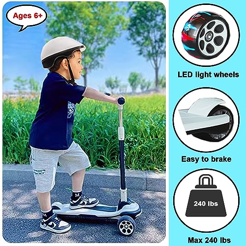 Kids Kick Scooter with 3 LED Light Wheels, Adjustable Height, Foldable, Black & White, for Ages 3-12
