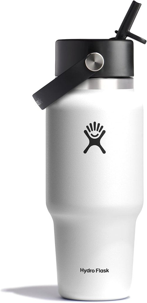 Hydro Flask Travel Water Bottle - Insulated Stainless Steel - 24 Oz White with Wide Straw Lid & Leakproof Design
