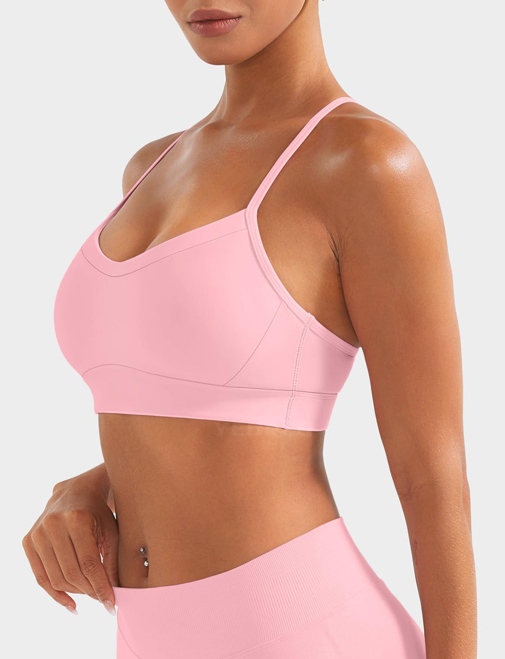 YEOREO Luciny Workout Y Back Sports Bras for Women Spaghetti Straps Racerback Padded V Neck Medium Impact Gym Bra Yoga Top Pink-S