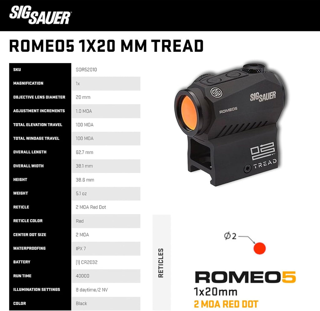 SIG SAUER Romeo5 1x20mm Red Dot Sight - High-Performance Waterproof & Fog-Proof 2 MOA for M400 Tread