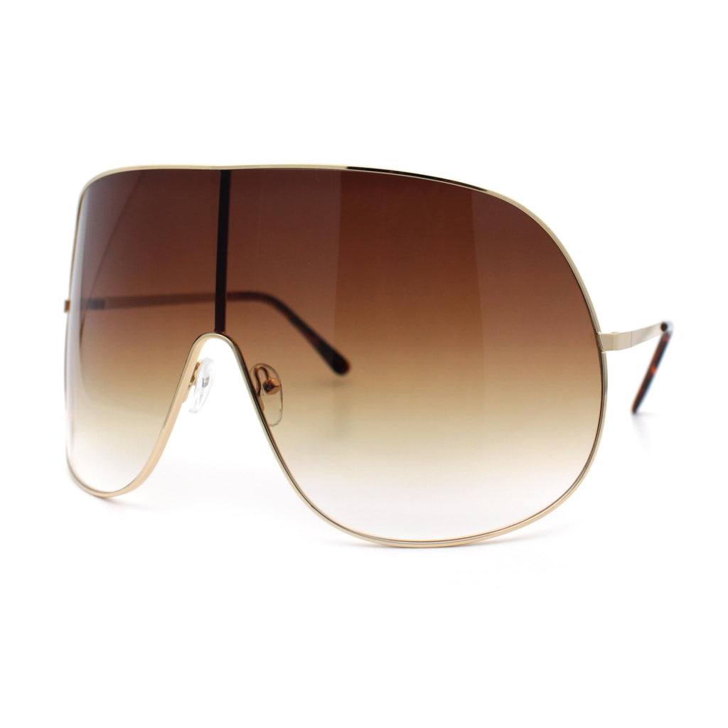 SA106 XXL Oversized Metal Rim Curved Monolens Shield Racer Sunglasses Gold - Brown