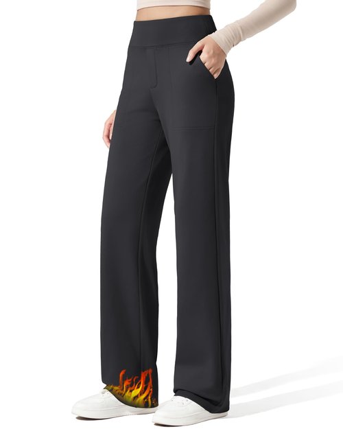 G4Free Wide Leg Pants for Women Fleece Lined Sweatpants with Pockets Winter Work Pants Thermal Loose Fit Casual Dress Daily Office Travel (Black,L,33")