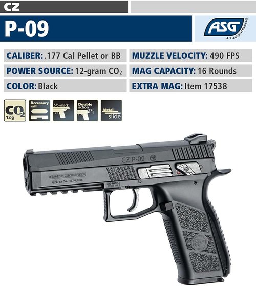 ASG CZ P-09 Blowback Air Pistol - .177 Caliber Pellet/BB Gun for Realistic Shooting Experience