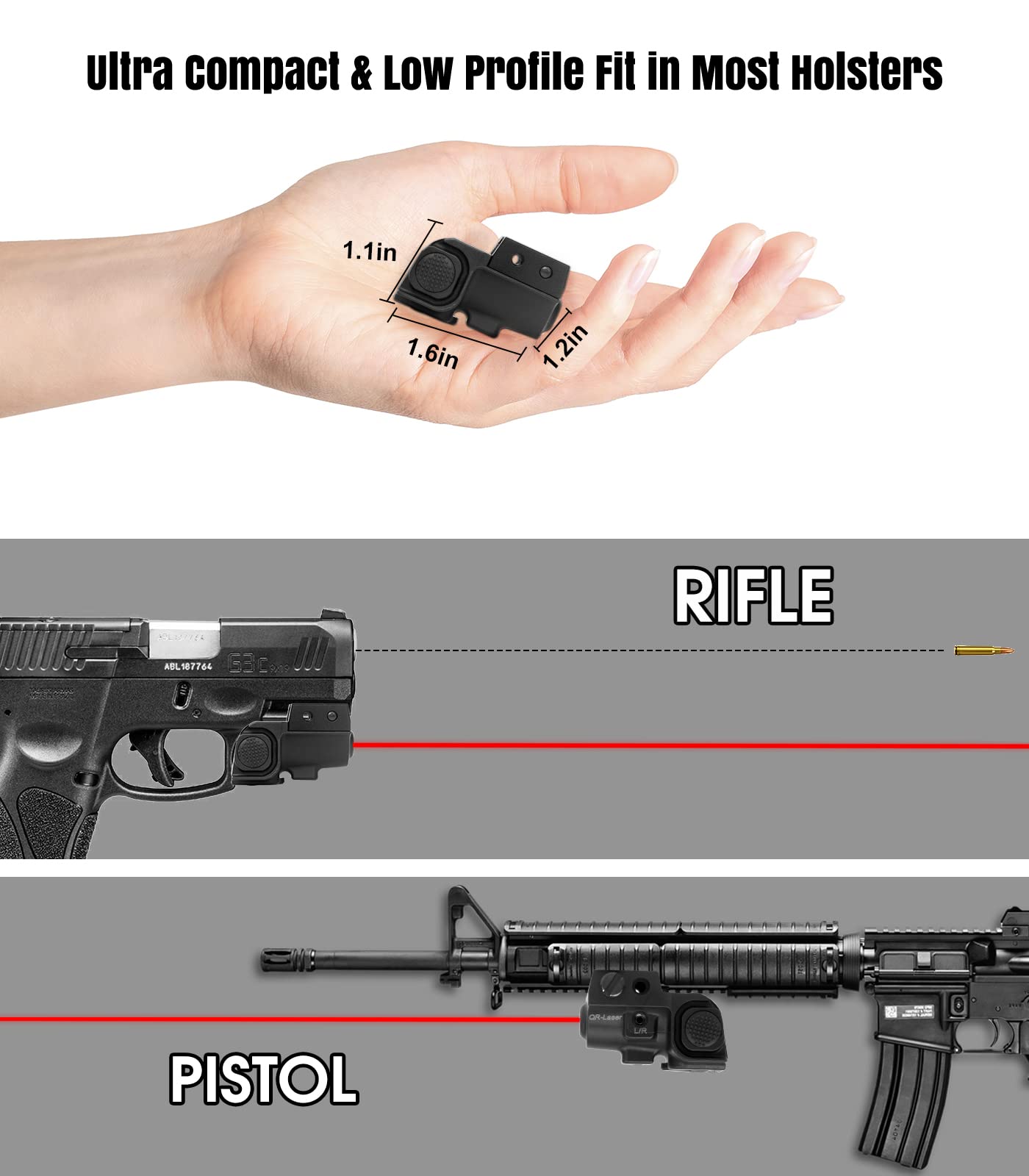 QR-Laser Red Laser Sight Ultra Compact Tactical Pistol Laser Sight Shockproof Rechargeable Red Dot Sight Used for Pistols and Rifles with Picatinny Rail