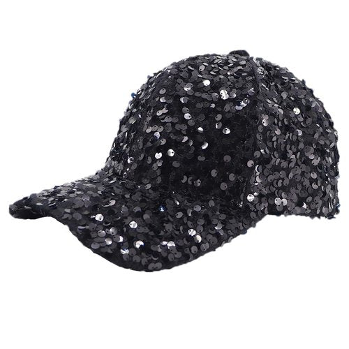 Awlsyj Women's Girls Sequin Baseball Cap Trucker Hat Sun Hat Golf Visor Sparkly Bling 80s Party Hat (Black, One Size)