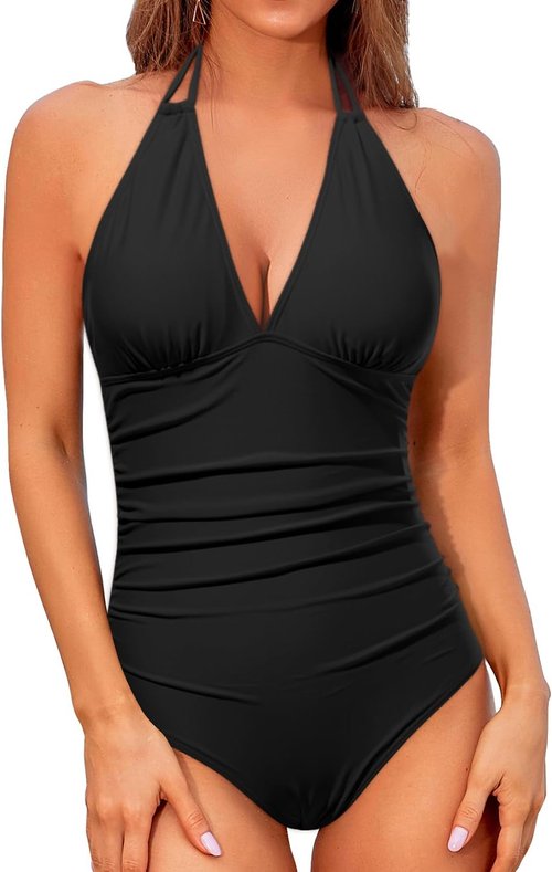 Holipick One Piece Swimsuit - Tummy Control Halter Bathing Suit with Sexy Plunge V Neck