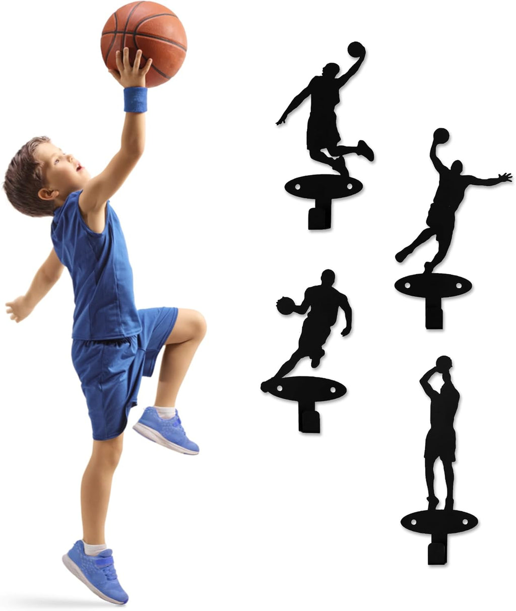 Xedatric Basketball Players Coat Hooks - 4 Piece Slam Dunk Silhouette Wall Mounted Metal Hangers for Teen Boys' Room Decor