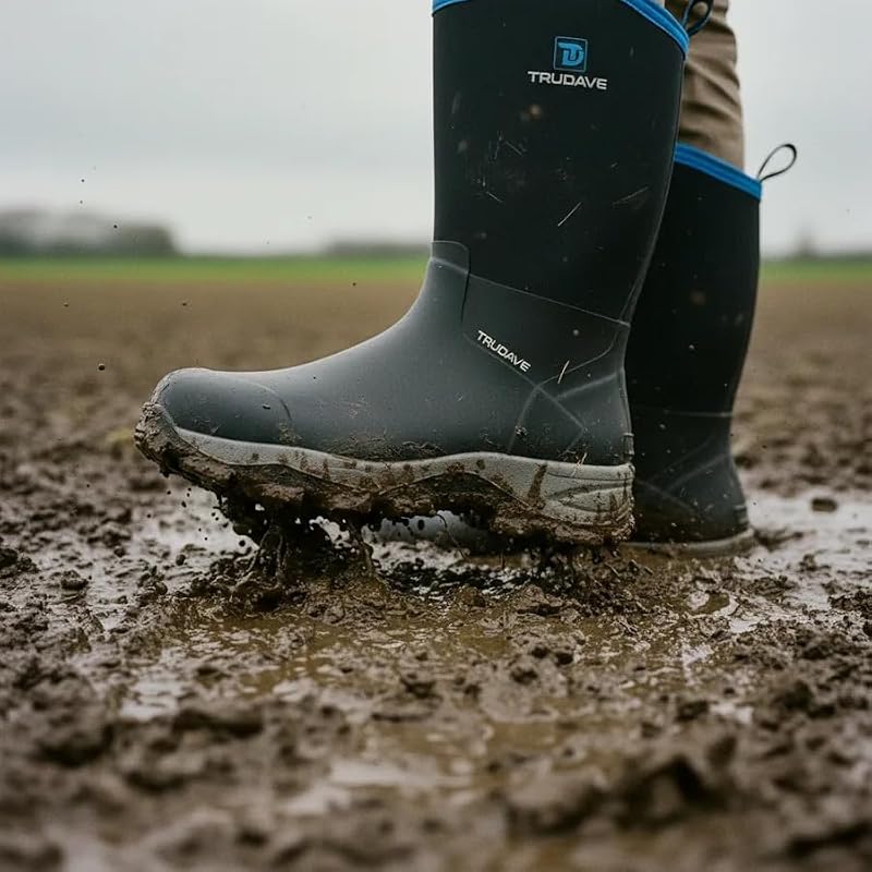 Trudave Men's Black Rubber Rain Boots with Steel Shank, Waterproof Insulated Mid-Calf Work Boots 5.5mm Neoprene, Size 11