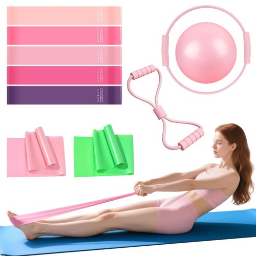 Pilates Essentials Kit for Women,10PCS Pilates Set with 13" Magic Circle Pilates Ring and Yoga Ball, 5 Resistance Bands for Toning & Stretching Strap & Tension Rope Exercise Equipment for Home Workout
