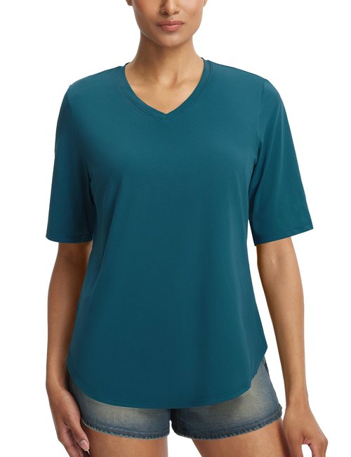 baleaf Womens Half Sleeve Athletic Shirts V Neck Elbow Short Sleeve Workout Tops UPF 50+ Sun Protection UV Yoga Running Blue L