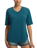 baleaf Womens Half Sleeve Athletic Shirts V Neck Elbow Short Sleeve Workout Tops UPF 50+ Sun Protection UV Yoga Running Blue L