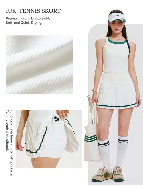 Tennis Skirt Set for Women 2 Piece Racerback Tank Top Golf Dress Activewear for Outfit Pickleball Athletic Workout Cream White