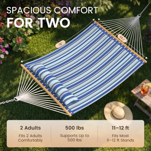 Everyfun Blue 2-Person Quilted Hammock with Spreaders, 500lbs Capacity Outdoor Lounger