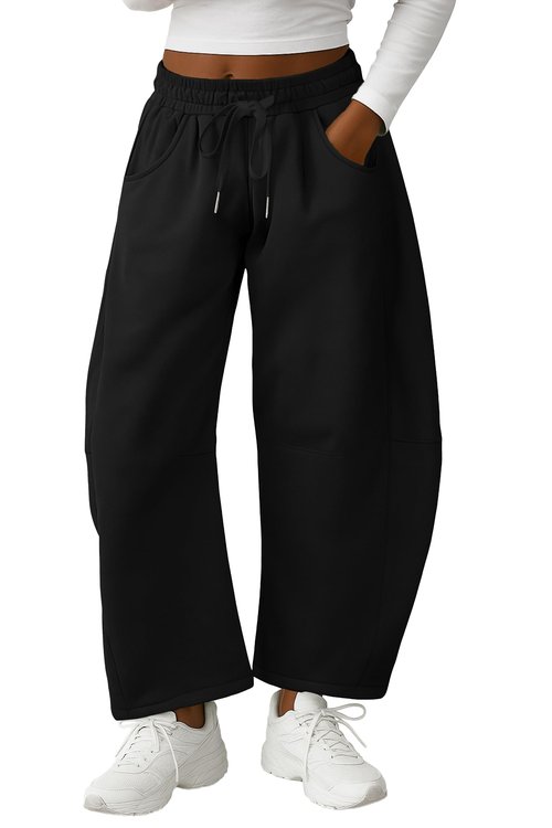Lepunuo Barrel Sweatpants Women Casual Baggy Elastic Waisted Pants Wide Leg Gym Trousers with Pockets Black