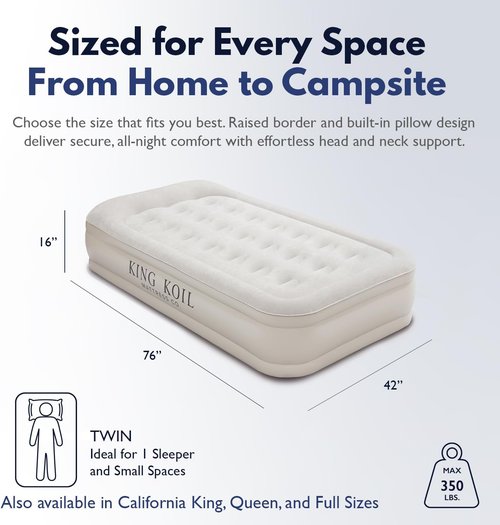 King Koil Luxury Twin Air Mattress - Built-In High-Speed Pump for Camping & Guests | Waterproof Double High Design