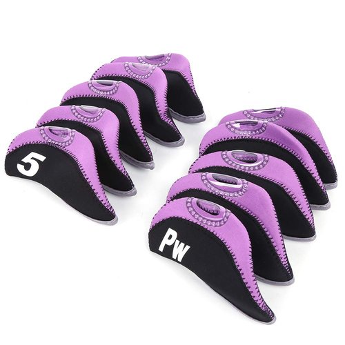 Chazcool Number Print Golf Iron Club Head Covers,10Pcs Neoprene Head Cover, Number Golf Club Irons Covers, Black Purple
