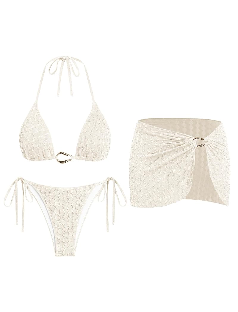 Beige 3-Piece Bikini Set with Cover-Up Skirt for Women - Halter Top, Tie-Side Bottom & Skirt - ZAFUL