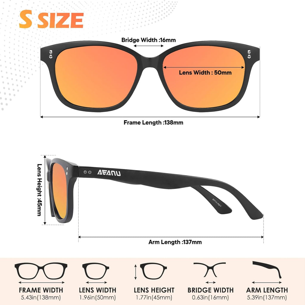 Polarized Sunglasses for Teens - UV400 Protection, Color Mirror Lenses, Matte Frame for Small Faces