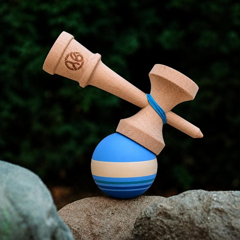 Kendama Beech Wood Skill Toy with Retro Stripe Ball Design - Ocean Breeze Variation