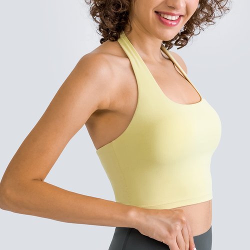 Lemedy Halter Backless Crop Tank Top Wirefree Built in Shelf Sports Bra (Yellow Green, XL)
