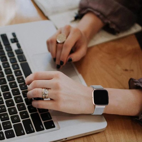 Moran Stainless Steel Mesh Band Compatible with Fitbit Versa 2/Versa/Versa Lite Edition Solid Metal Strap Replacement Bracelet Wristband Women Men