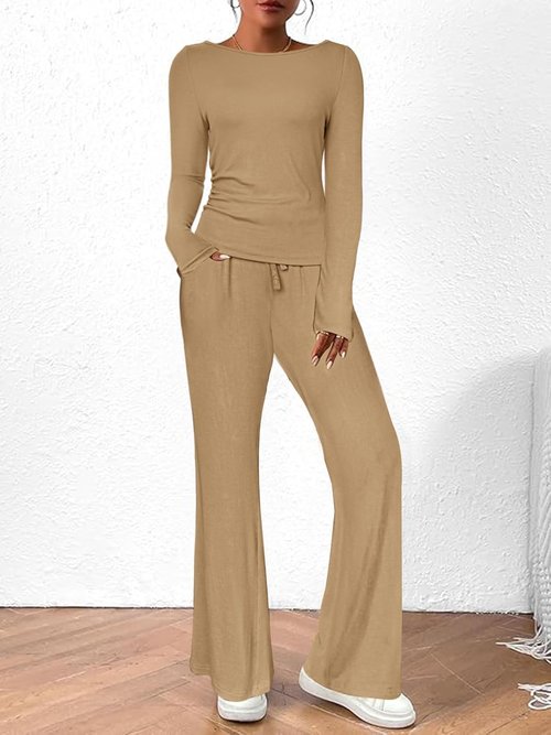 BeautyNee 2 Piece Matching Sweatsuit - Women's Casual Lounge Set with Wide Leg Pants & Crop Top | Khaki M