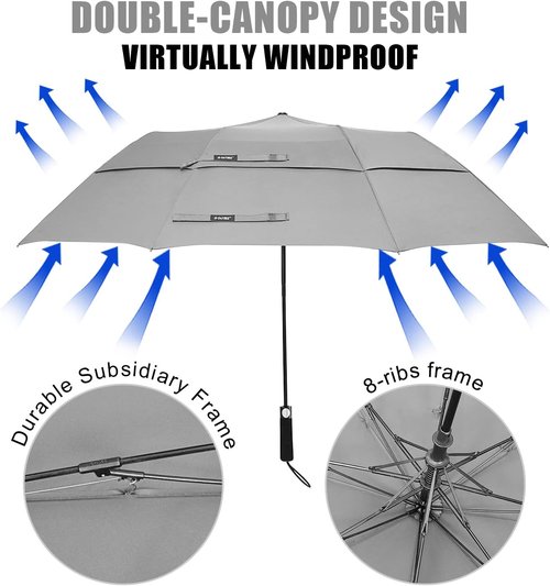 G4Free 62-Inch Portable Golf Umbrella - Large Oversized Double Canopy, Windproof & Waterproof (Gray)