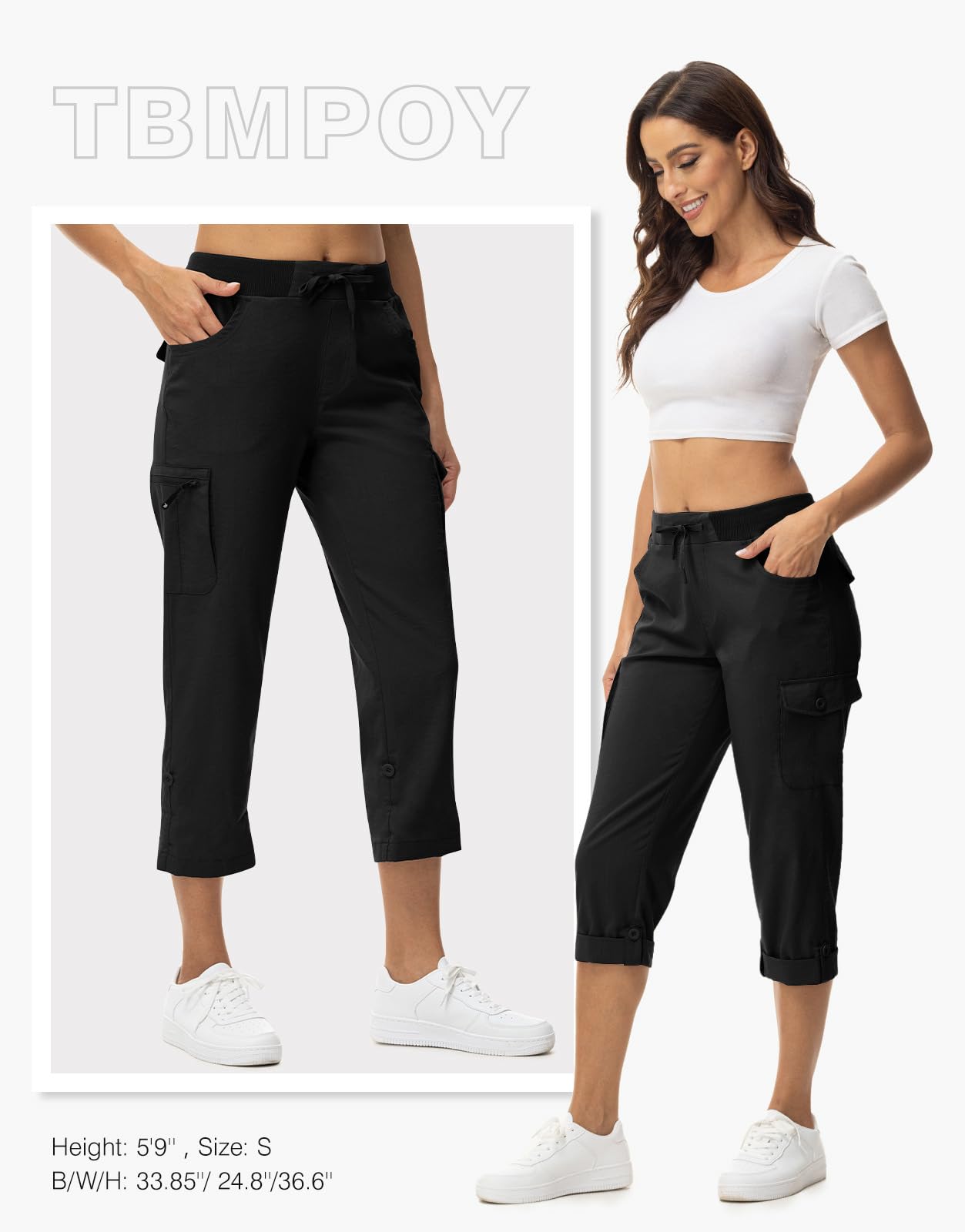 TBMPOY Womens Cargo Capris with Pockets Lightweight Hiking Capris Pants Quick Dry Casual Cropped Pants Summer Trip Cotton Black M