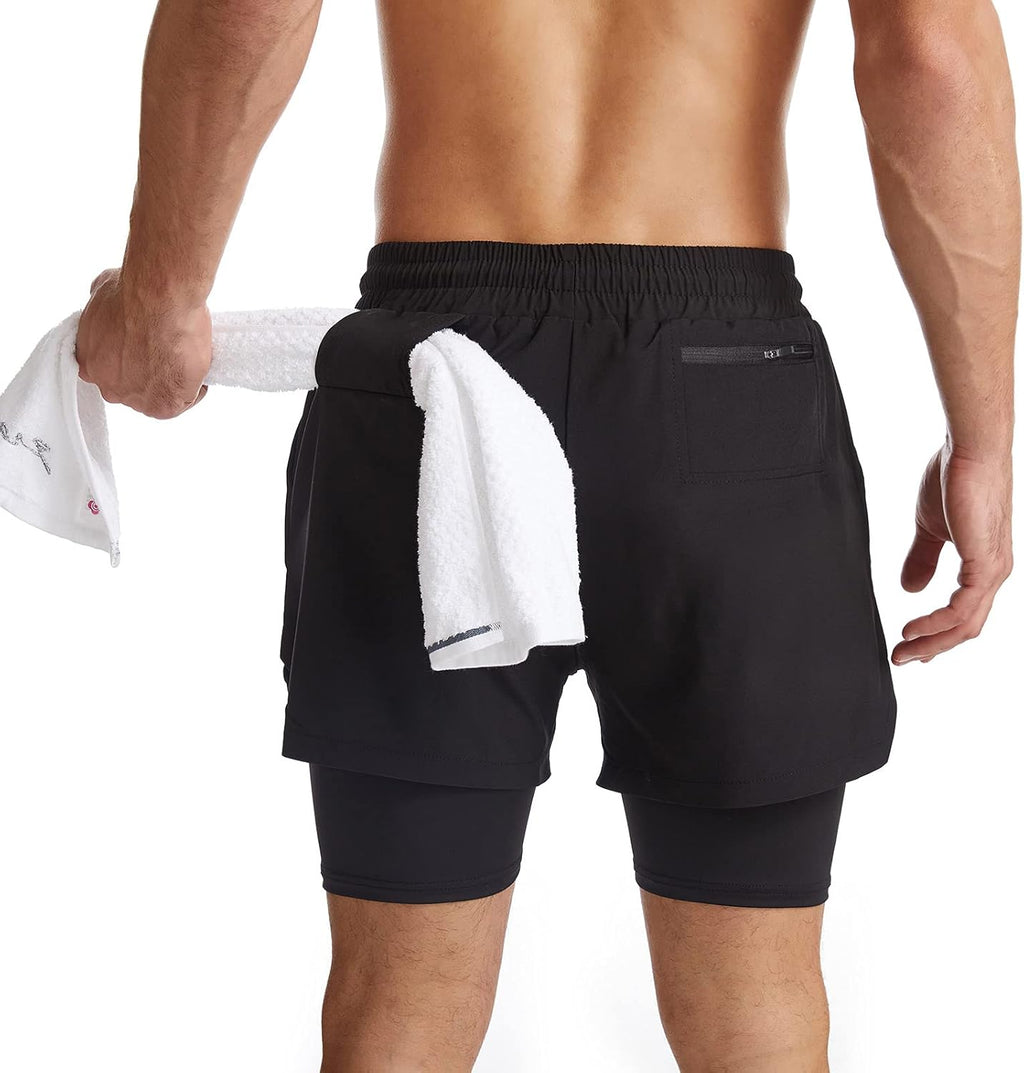 Surenow Men's 2-in-1 Running Shorts - Quick Dry Athletic Shorts with Zip Pockets & Towel Loop