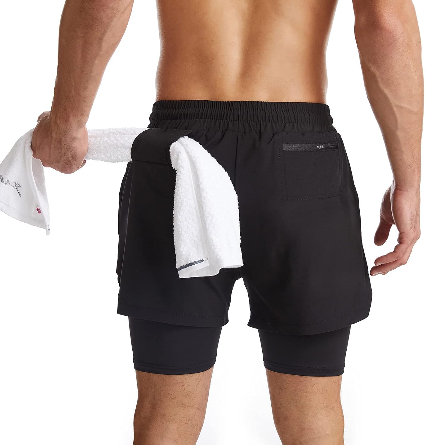 Surenow Men's 2-in-1 Running Shorts - Quick Dry Athletic Shorts with Zip Pockets & Towel Loop
