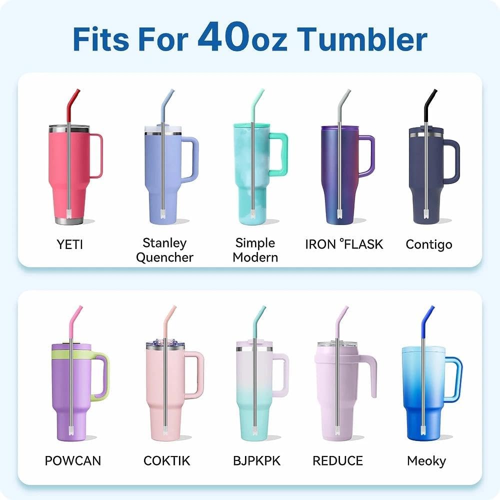 Skiennix Straight Metal Straws - 3 Pack Reusable Stainless Steel Drinking Straws with Silicone Tips | Fits 40 Oz Stanley Tumbler, BPA Free (Black)