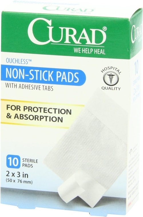 Curad Non-Stick Pads - 2" X 3" Adhesive Tabs for Easy Application | 10 Count Pack