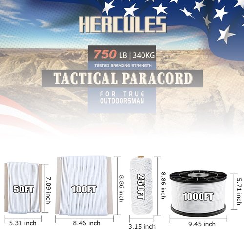 HERCULES 750lb Paracord | 4mm 11-Strand Tactical Parachute Cord - Durable Utility Rope for Camping (White, 50FT)