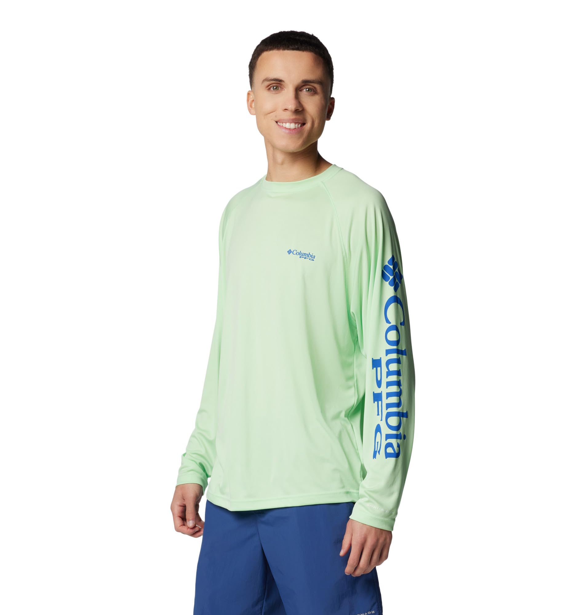 Columbia Men's PFG Terminal Tackle Long Sleeve Fishing Shirt, Key West/Vivid Blue Logo, Small