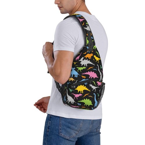 SURERUIM Cute Cartoon Dinosaur Sling Bag for Women Men Seamless Colorful Dinosaurs Pattern on Black Background Crossbody Chest Shoulder Bag Cartoon Dinosaur Backpack Casual Gym Travel Hiking Daypack